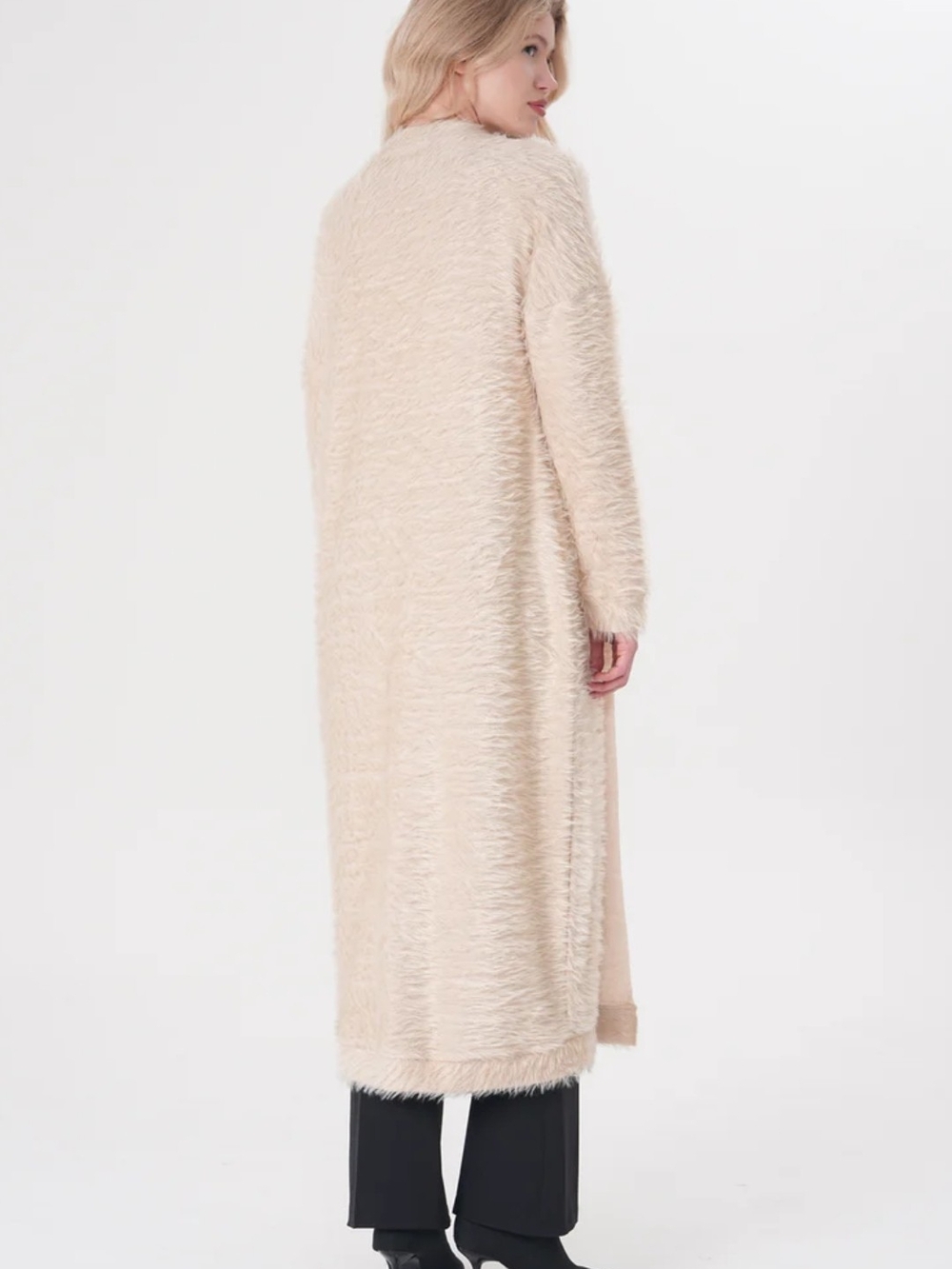 Love Token Long Fuzzy Open Cardigan in Beige-Cream